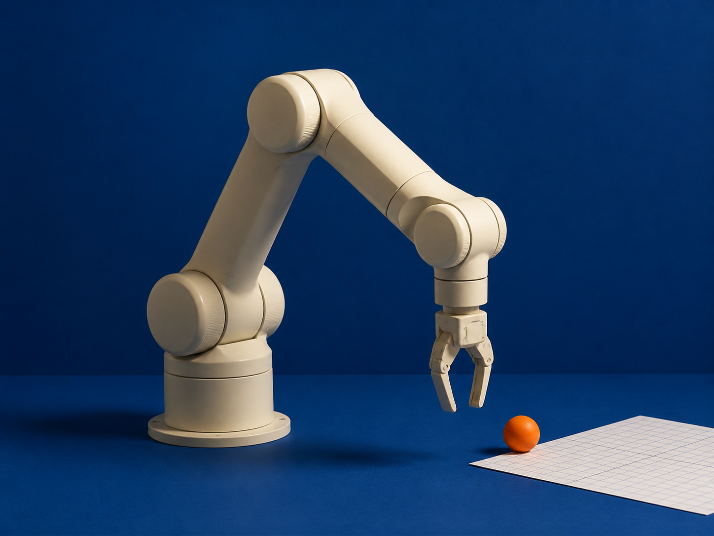 Illustrative concept of an ivory articulated teaching arm beside an orange sphere and coordinate paper